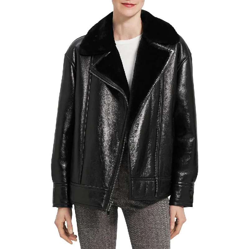 Theory Womens Leather Shearling Lined Motorcycle Jacket