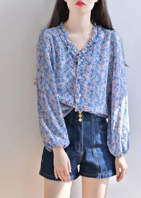 Boho Blue V Neck Print Button Silk Shirt Spring