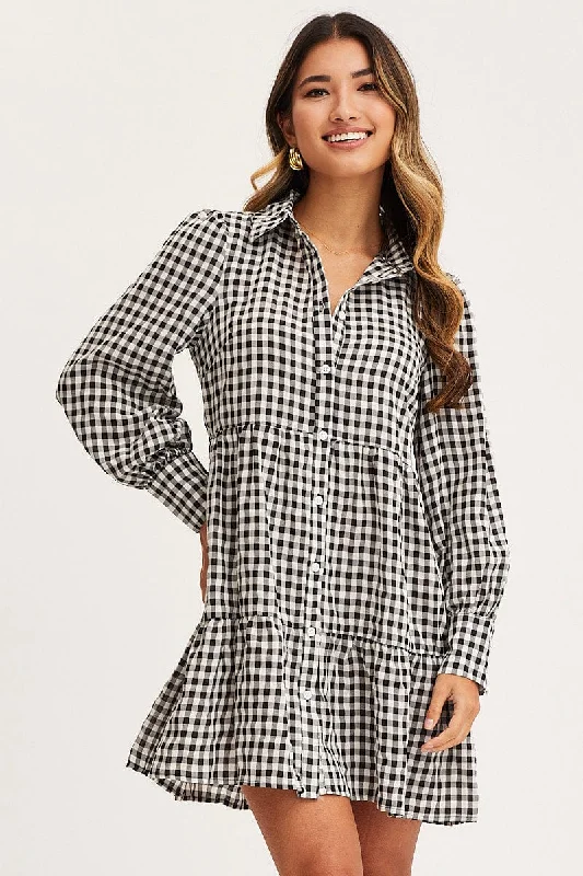 Check Shirt Dress Long Sleeve Button Front