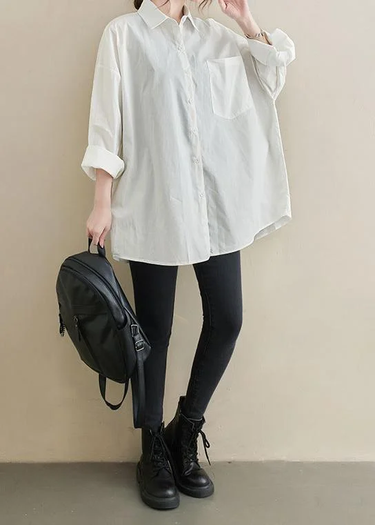 Modern White Tunic Lapel Pockets Midi Spring Tops