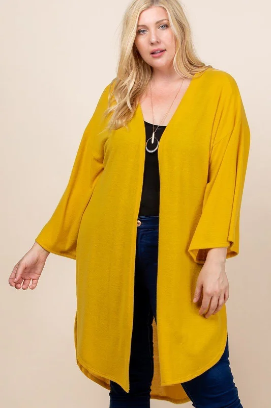 Women's Plus Size Solid Hacci Brush Open Front Long Cardigan With Bell Sleeves