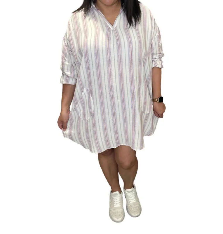 Split Neck Cotton Tunic Dress In Summer Stripe